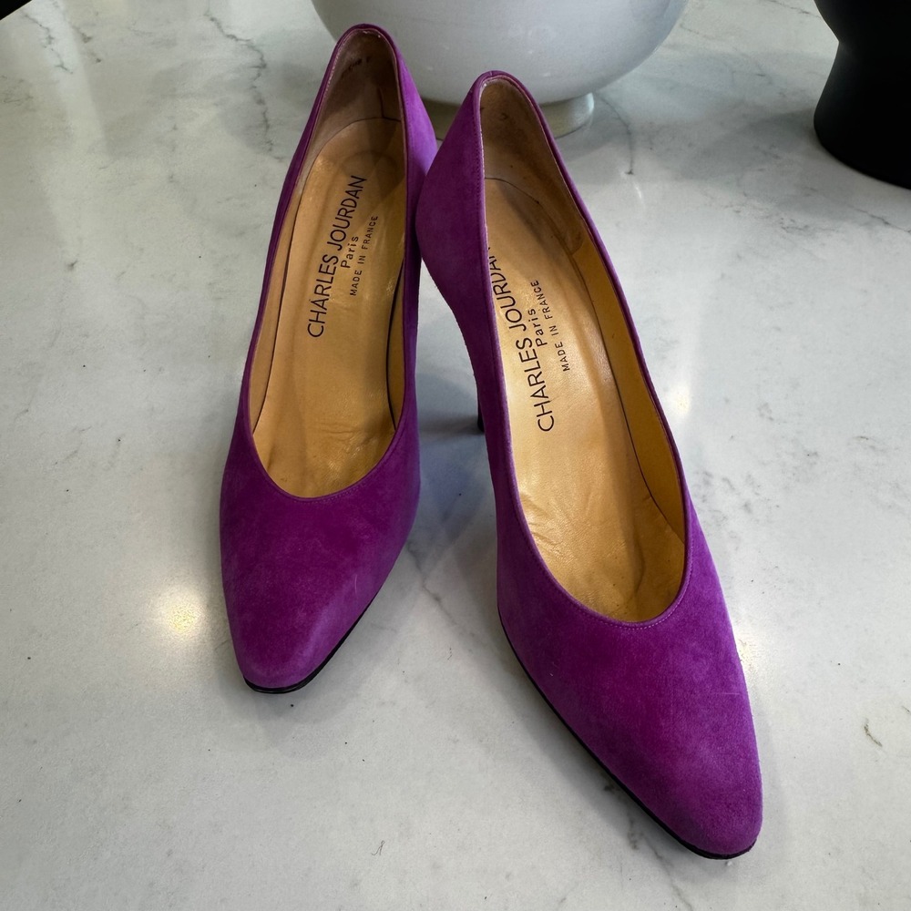 Charles Jourdan Paris Women 7.5 Fuchsia Pink Suede Pointy Toe Stiletto Heel Pump - Picture 5 of 15